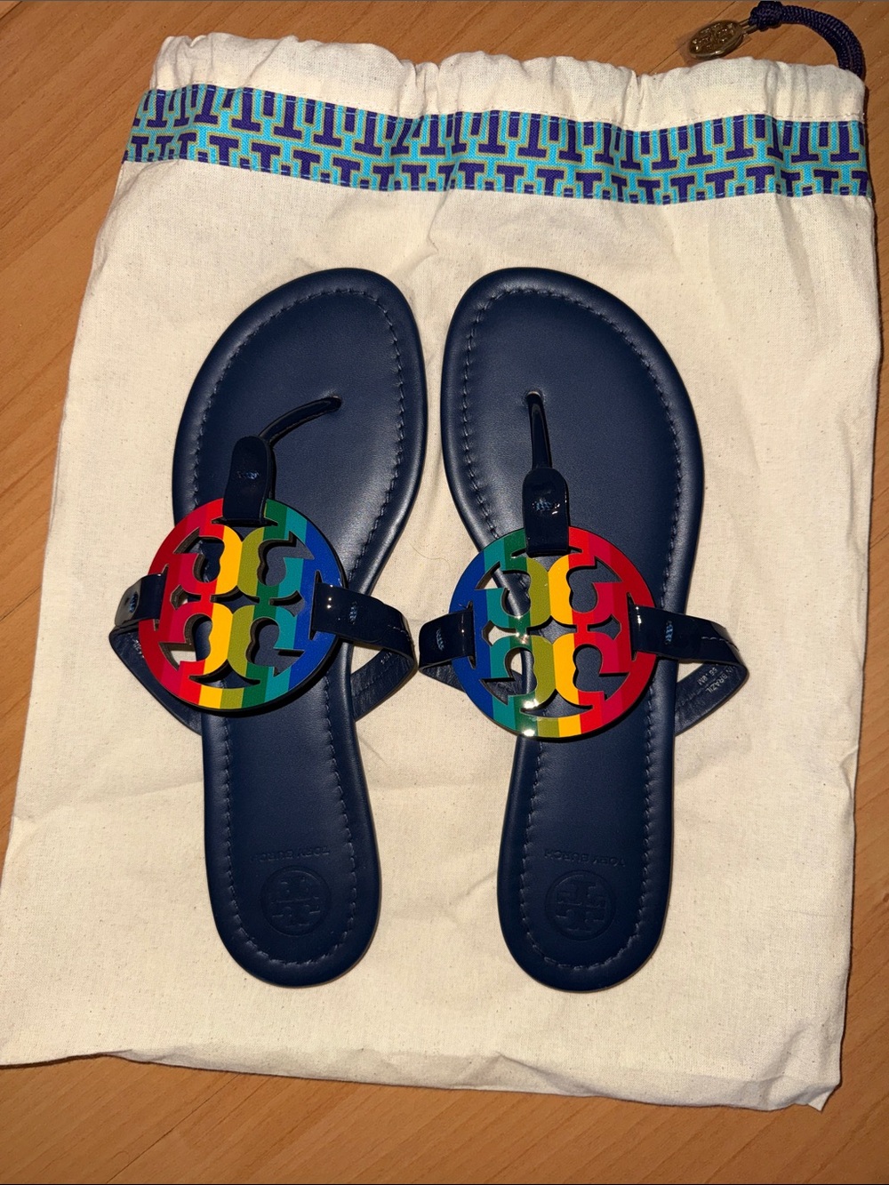 Tory Burch Navy Sandal with Rainbow Logo Medallions
